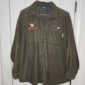 Vintage Pooh Corduroy Button Up Shirt Long Sleeve Olive Green Women's Size L